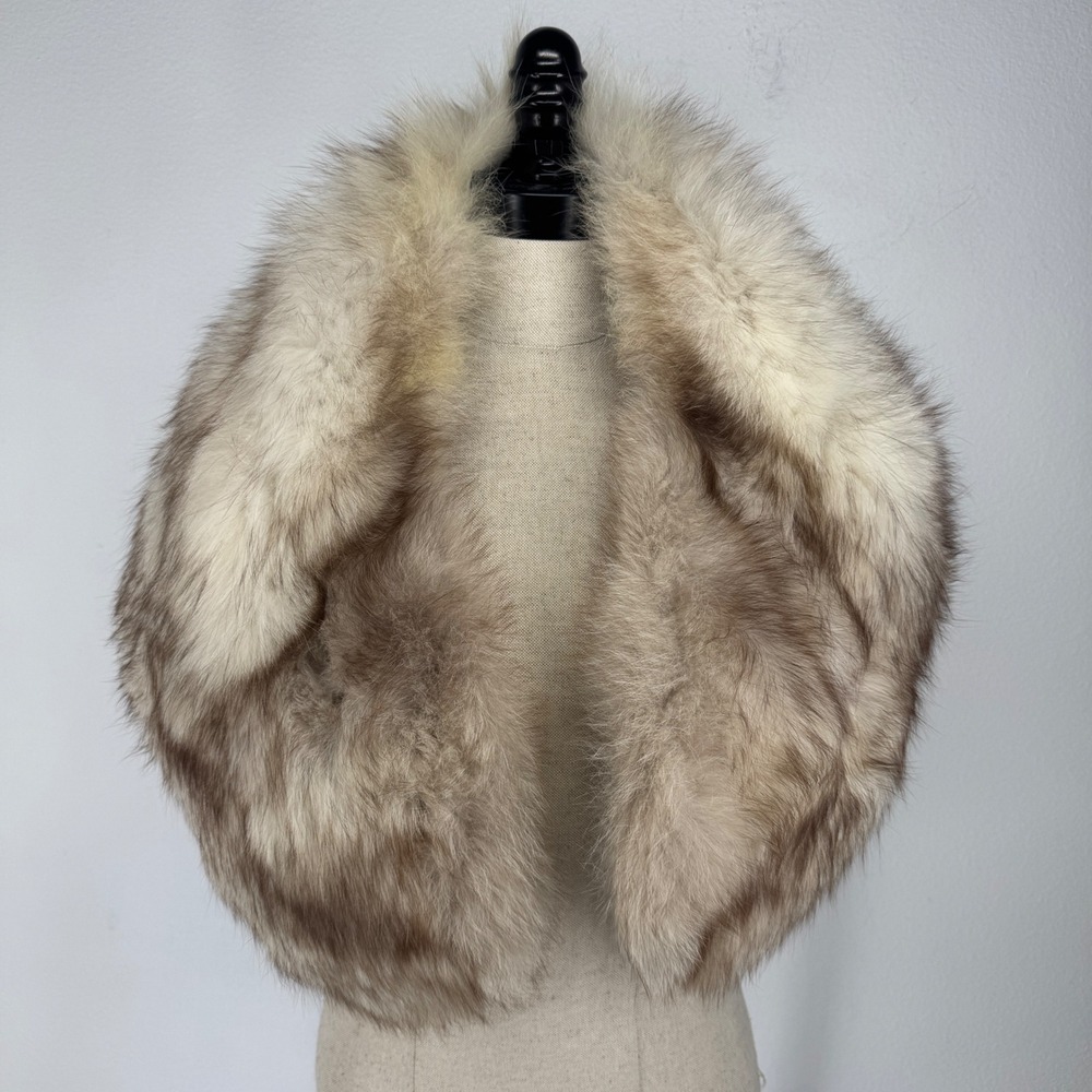 Vintage Real Fox Fur Stole Wrap Cream Grey Monogrammed Satin Lining Pocket